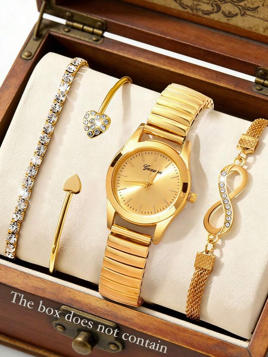 [Juego de 4 piezas] Reloj de cuarzo con tono dorado para mujer con pulsera de acero, emparejado con un conjunto de pulseras con diseños de corazón, cristal y símbolo del infinito. Clásico y elegante, este es un regalo refinado para el día a día para una mejor amiga, novia o madre. No incluye caja de regalo. - Dorado - Ver 1