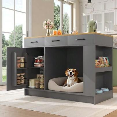 Kitchen Island, Cabinet With 3 Drawers, 1 Spice Rack, Adjustable Shelf, Double Shelf (Without Dog Food Bowl), Spacious Pet Storage Area (Without Dog Cushion), 120*60*90 Cm, Grey