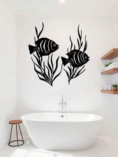 1件极简热带鱼金属墙饰，海岸航海风格，海藻剪影细节，经久耐用的金属工艺，海洋生物主题 - 适用于圣诞节、万圣节、感恩节、乔迁、生日、婚礼等场合，可悬挂装饰浴室、客厅、海滨别墅、露台，是理想的春夏装饰品。