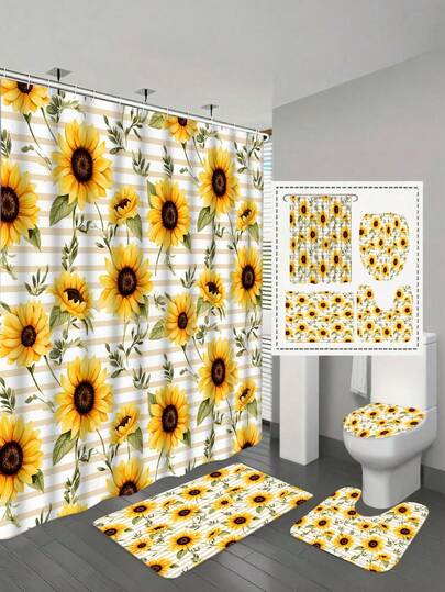 1/4pcs 2D Printed Sunflower Pattern Shower Curtain Set, Bathroom Non-Slip Decor Home Accessories Gift With Hooks