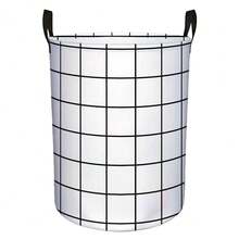 1 pieza Cesta de lavandería a cuadros clásica, caja de almacenamiento redonda móvil, caja de almacenamiento y organización de ropa sucia de uso múltiple, estilo escandinavo para el hogar - Blanco y Negro - Ver 7