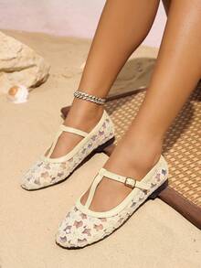 女士T字带搭扣网纱刺绣圆头甜美软底平底鞋，蕾丝玛丽珍凉鞋，米色沙滩度假鞋 - 米色 - 查看 3
