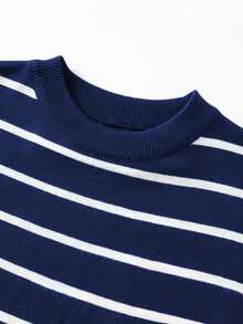 男士航海条纹针织短袖T恤，轻薄宽松休闲上衣 - 藏蓝色 - 查看 7