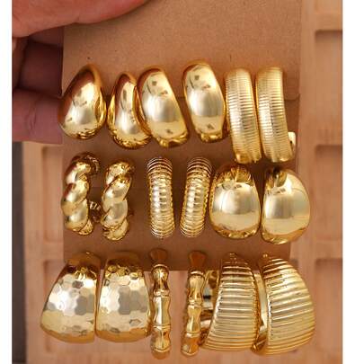 6-18件装 CCB材质黄金夸张C形水滴耳环套装，优雅简约风格