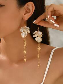 1 Pair Summer Beach Vacation Women's Dangle Earrings, Fashion Elegant Bohemian Style Sea Star, Sea Shell, Faux Pearl, Scallop Petal Multi-Pendant Tassel Long Earrings, Daily Casual Niche Jewelry - White - View 5