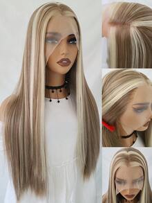 高光棕色合成蕾丝假发，女士款，13x4蕾丝前假发，预先拔毛，24英寸直发蕾丝前假发，金色日常款 - 彩色 - 查看 1