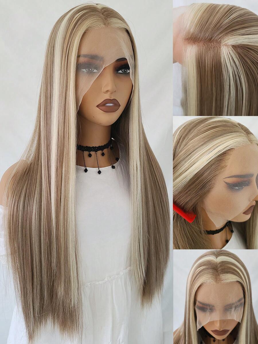 高光棕色合成蕾丝假发，女士款，13x4蕾丝前假发，预先拔毛，24英寸直发蕾丝前假发，金色日常款 - 彩色 - 查看 1