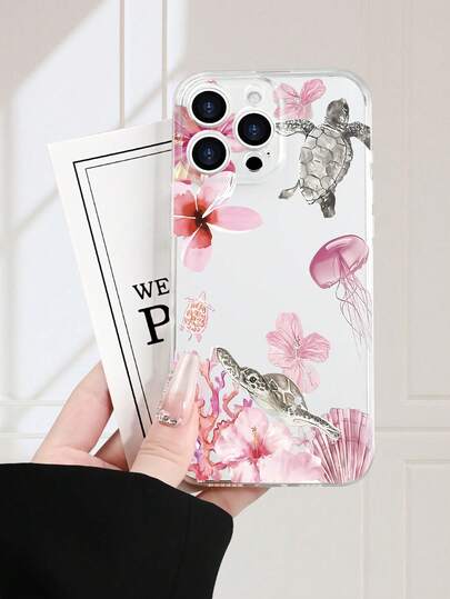 水彩风格粉色海洋海龟和水母印花2D图案时尚优雅透明软手机壳，兼容 17 Pro/Pro Max、16、15、14、13、12、11、X、XR、XS、XS Max、7、8、Plus以及Galaxy S26 Ultra/Plus、25、24、23、22、21、20、A05、13、14、23、24、25、32、33、34、52、53、54、55、56。适合作为礼物送给男友、兄弟、爸爸、朋友、叔叔、弟弟、情侣或自己。