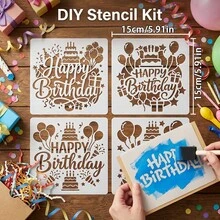 4件套生日主题绘画模具 - 适用于5.9英寸相框，DIY贺卡制作，更有意义的生日礼物，可重复使用的塑料绘画模具，包含“生日快乐”、“气球”、“礼物”和星星图案。书法字母模具。 - 套裝 - 查看 7