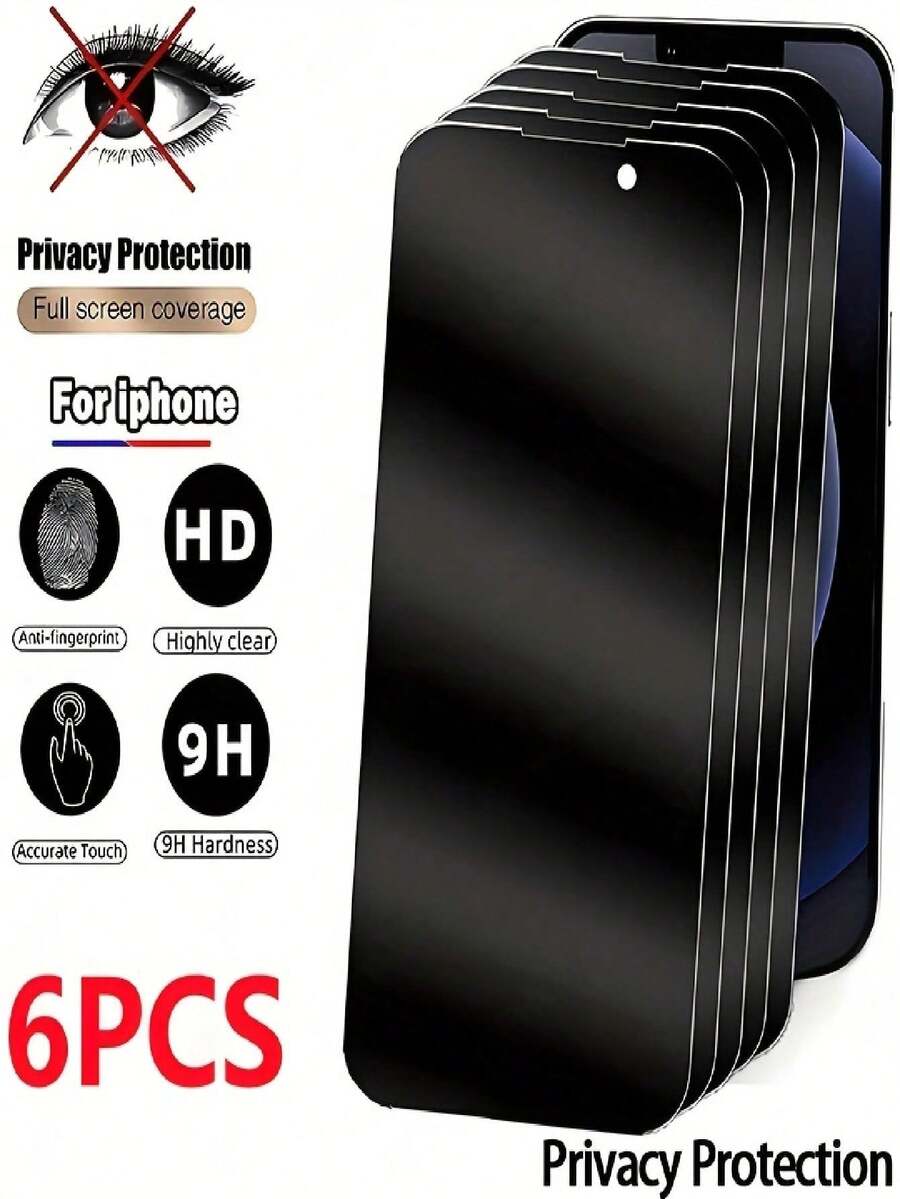 6片装隐私钢化玻璃屏幕保护膜，兼容 16 Pro Max、17 Pro、17 Pro Max、17、16、15、14、13、12、11 Plus、Mini、X、XS、XS Max、XR、7P、8P，9H+硬度，防窥、防刮擦，兼容动态岛，兼容手机壳 - 黑色 - 查看 1