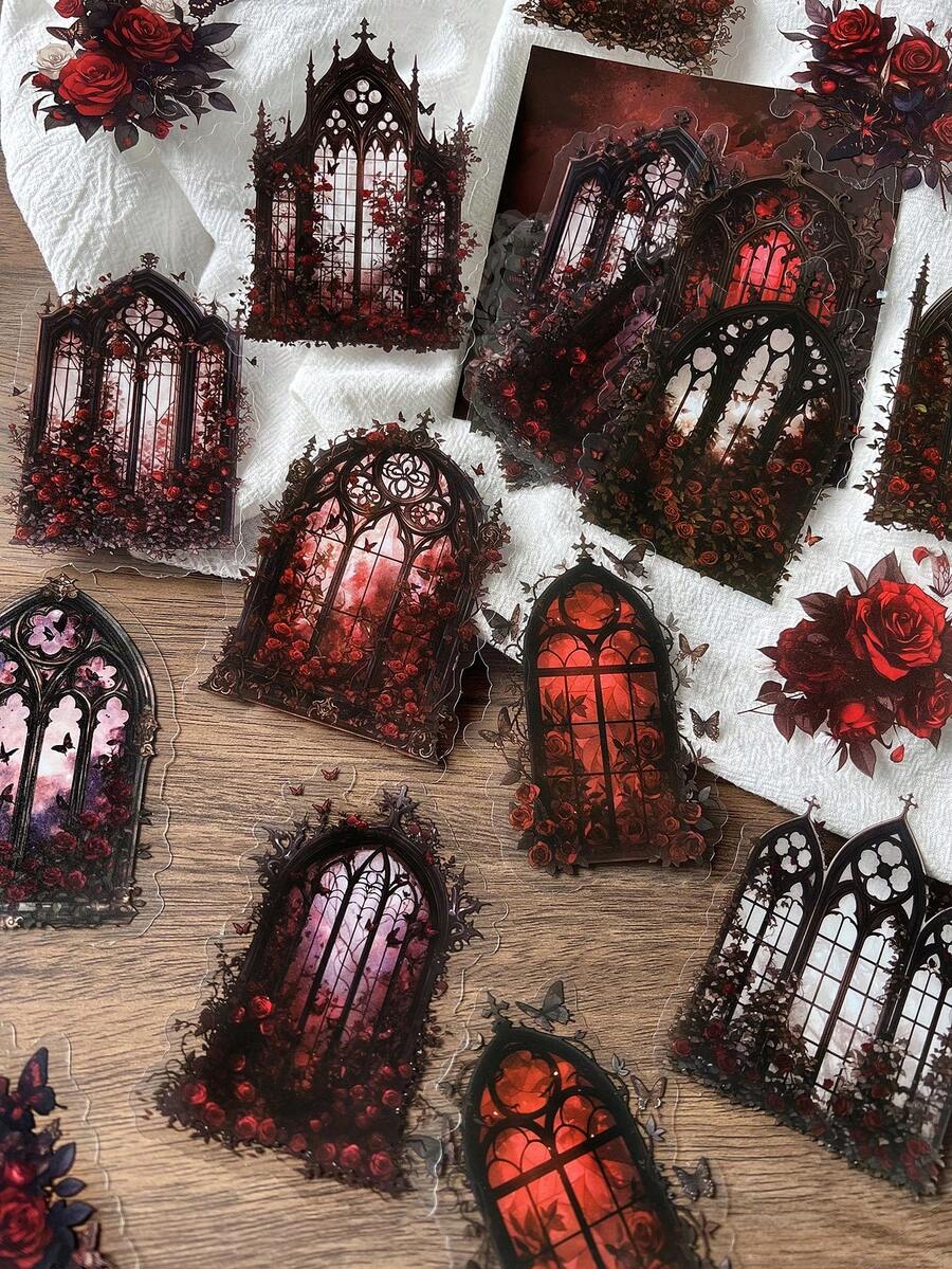 15pcs/Pack Rose Window Theme Stickers For Scrapbooking, Creative Aesthetic Sticker Decals, DIY Decorative Craft Materials, Holiday Gift, Personalized Scrapbook School Supplies - 2. Window Lattice In the Dark - View 1