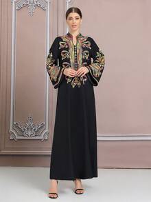 Black Embroidered Lightweight Middle Eastern Dubai 3D Oversized Pattern Rope Embroidery Rhinestone Elegant Dress - Black - View 4