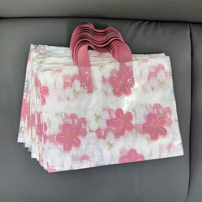 20/10 粉色和白色花卉图案礼品袋，加厚塑料零售和礼品袋，高品质设计，经久耐用，适用于购物、节日礼品和服装包装