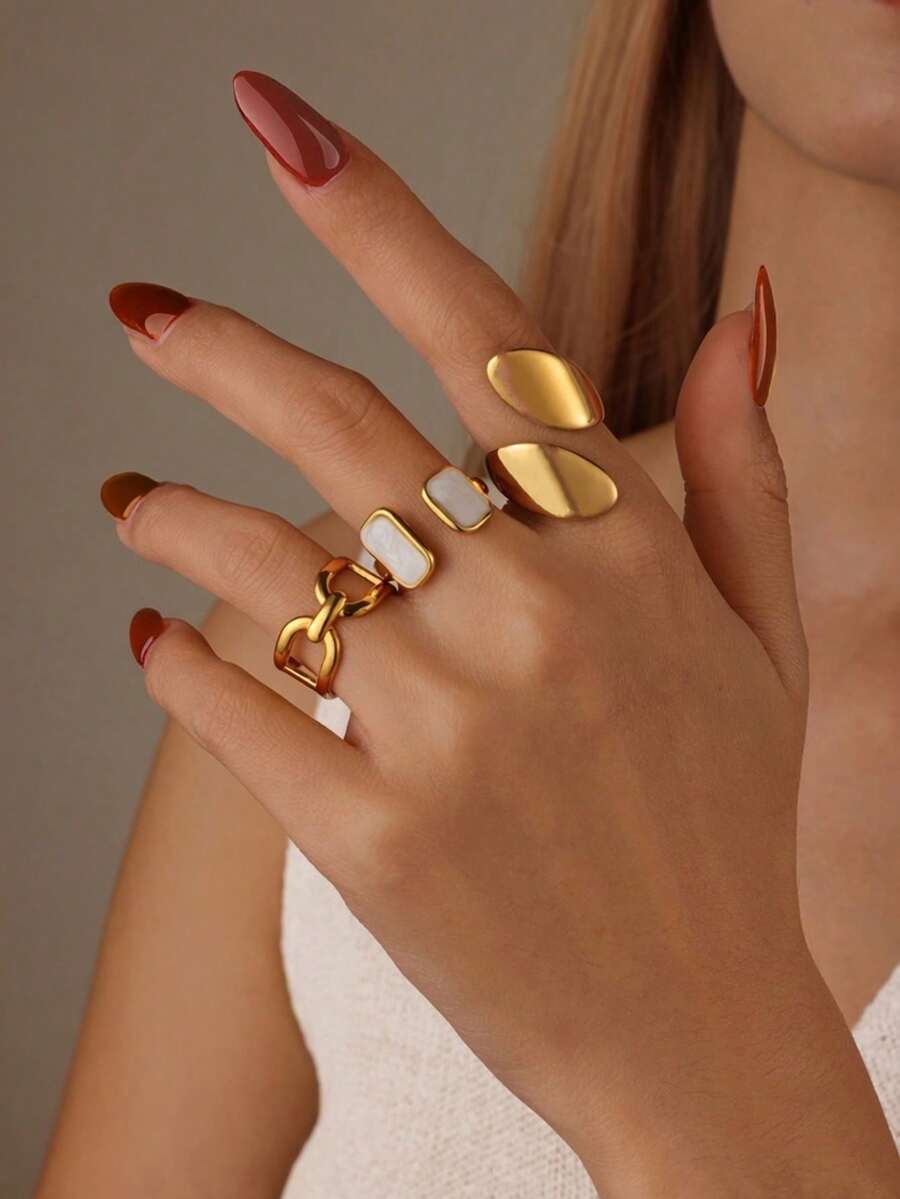 3件套奢华18K镀金不锈钢滴油开口戒指，女士款 - 彩色 - 查看 1