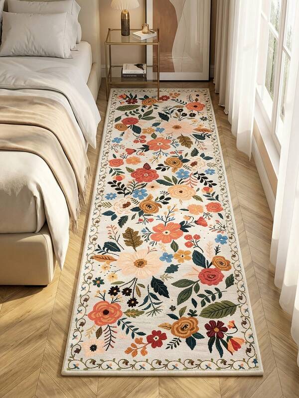 1pc American Pastoral Floral Carpet, Ins Floral Bedside Non-Slip Mat - Soft Faux Wool Material, Suitable For Living Room, Bedroom And Home Decor, Machine Washable, High Pile, Ideal For Bedroom, Living Room Or Study Decoration