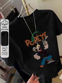 Women's Casual Loose Fit Round Neck Short Sleeve T-Shirt With Contrast Color Letter & Cartoon Print, Comfortable Fabric, Suitable For Spring/Summer, Daily Wear & School Black - Black - View 3