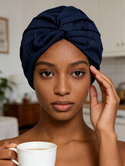 1件装女士褶皱纹理纯色帽子套装 - 灵感源自波西米亚风格，海军蓝纹理头巾帽，预系结帽，弹力褶皱头巾帽，适合化疗、脱发人士，非洲头巾，时尚帽子，日常佩戴及派对装扮