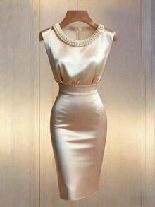 Averia Abito elegante casual da donna con scollo a girocollo con perle, in raso liscio, per pendolarismo, feste, lauree, cerimonie di lavoro, damigelle e ospiti, primavera estate - Champagne - Visualizzare 3