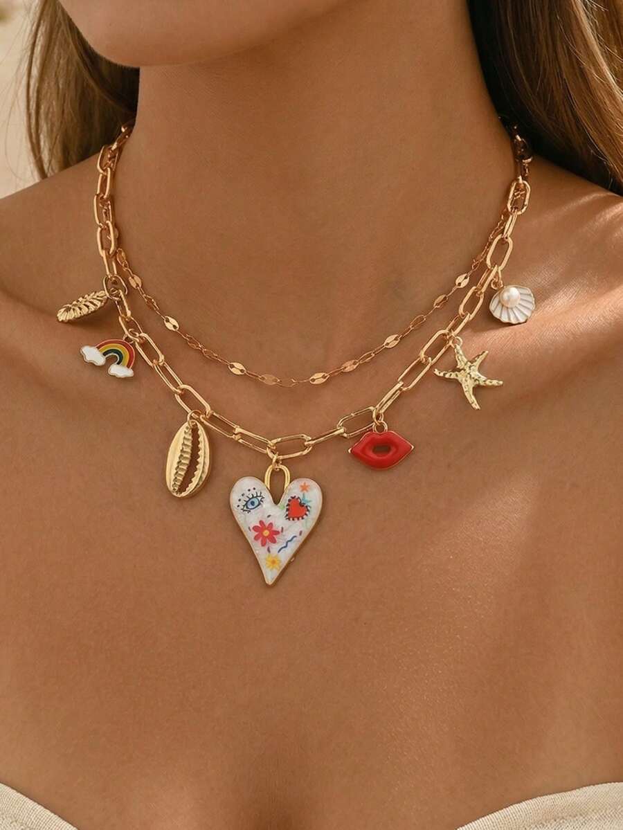 1pc Elegant Alloy Pendant Necklace With Colorful Heart, Rainbow, Starfish Elements, Fashionable Necklace Jewelry For Women, Suitable For Daily Wear, Parties, Music Festivals - Multicolor - View 1