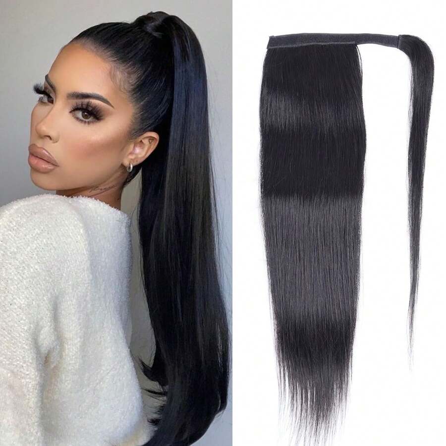 BINF 16 Inch 100% Brazilian Virgin Straight Hair Ponytail Extensions, Natural Black Color, Magic Tape Clip-In Remy Human Hair Ponytail For Women