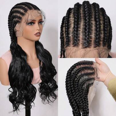 Synthetic Hair Full Lace Braids Wigs With Body Wave Ends Natural Black Heat Resistant Fiber Women Replacement Wigs With Baby Hair