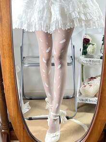 1双可爱洛丽塔JK羽毛印花透明连裤袜透气薄款夏季丝袜 - 彩色 - 查看 3
