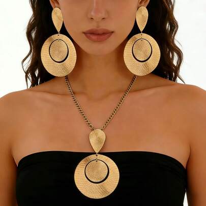 2pcs Exaggerated Geometric Metal Spiral Teardrop Hoop Necklace And Earrings Set, Suitable For Women's Evening, Daily, Party, Music Festival