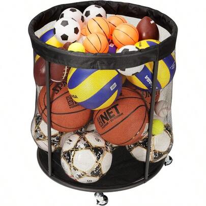 48-Gallon Rolling Mesh Sports Equipment Organizer, Ball Storage Cart For Soccer, Basketball, Volleyball, Baseball, Garage, Black