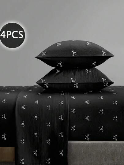 4pcs/Set Black White Lovely Bow Knot Pattern Sheet Set Easy Care Microfiber Soft Bedding Set Floral Fitted Sheet Set (1pc Flat Sheet+1pc Fitted Sheet+2pcs Pillowcases)Fitted Sheet Set King Queen Full TWIN SIZE Sheet Deep Pocket Up To 11.8 Inch Pillowcase, Soft Breathable Wrinkle-Free Luxury Hotel Style