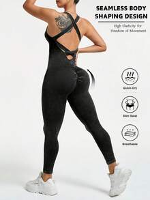 Women's Vintage Sand Washed Jumpsuit With Cross Backless Straps – Ideal For Gym And Daily Work Outfits - màu đen - Xem 7