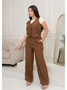 Women's Tailored Set: Vest And Wide-Leg Pants. Elegant, Casual, Chic, Modern, Conservative/Modest. Party/Fabric. Buttons Down The Front. Gathered Waist. Women's Formal Set. Office/Baby Shower/Formal And Evening. Holidays/Home/Summer, Spring And Autumn. - 鏽棕色 - 查看 4