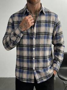 男士黑灰撞色格纹衬衫，美学方块格纹数码印花长袖纽扣衬衫，现代修身单口袋衬衫，都市休闲商务街头风秋季上衣 - 彩色 - 查看 3