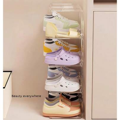 4pcs Transparent 4-Tier Shoe Rack, Small Size Shoe Storage Organizer, Space-Saving Vertical Shoe Cabinet
