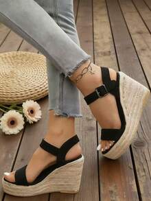 女士夏季新款舒适时尚百搭凉鞋，踝带凉鞋，海滩度假风，适合长时间穿着，尽显优雅气质，坡跟凉鞋，多功能厚底坡跟凉鞋，增高显瘦 - 黑色 - 查看 4