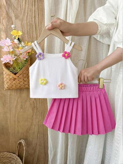 Girls' Casual Sleeveless Colorful Floral Print Crop Top And Elastic Waist Pleated Solid Color Skirt Set, Daily Wear