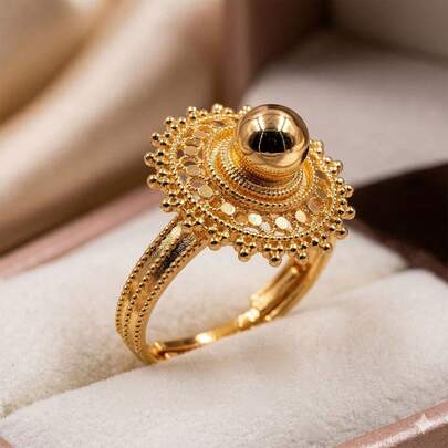 1pc 22K Gold Plated Copper Ring, Vintage Elegant Jewelry For Women, Suitable For Wedding, Holiday, Party