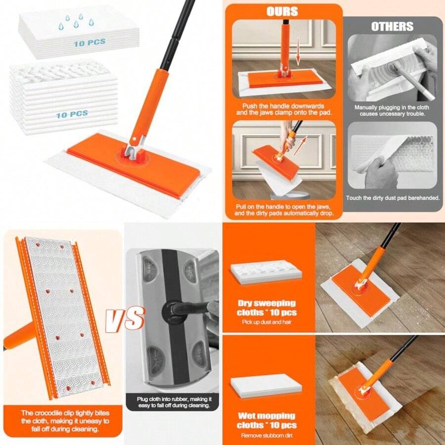 Sweeper Mop Compatible With  Pads 2-In-1 Starter Kit For Multi Surface Cleaning Disposable Floor Duster 10 Dry Sweeping Cloths 10 Wet Mopping Refills For Kitchen Wall Window - Quả cam - Xem 1