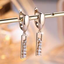 Vanel 1Pair Fashion Golden Minimalist Rectangle CZ Earrings, Sparkling Dainty Vertical Bar Dangle Earrings, Fashion Jewelry For Women For Daily Wear & Party - Golden Yellow-white - View 2