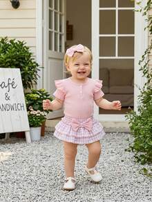 Newborn Baby Girl Summer Clothes Infant Baby Girls Summer Outfit Ribbed Knit Short Sleeve Romper Elastic Waist Plaid Shorts Ruffled Skirts Headband Set - 粉色 - 查看 3