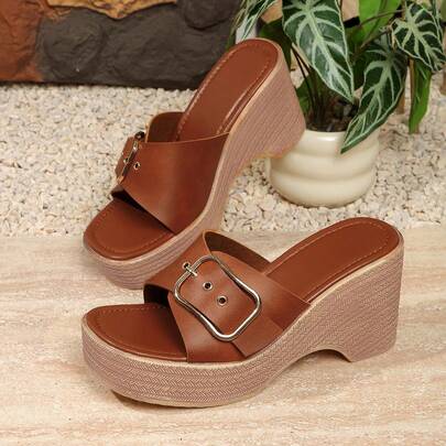 女士棕色复古夏季可调节搭扣厚底休闲拖鞋