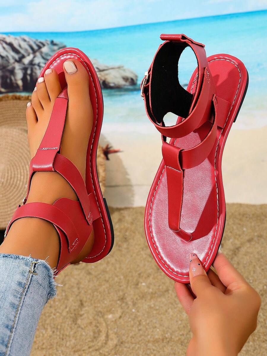 Women's Solid Color Buckle Casual Flat Thong Sandals, Suitable For Gym, Beach, Versatile, Summer Leisure Sandals