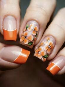 24PCS Spring Orange Gradient Floral Nails, Gentle Sheer Nude Press-On Nails, Removable False Nails - Orange - View 7