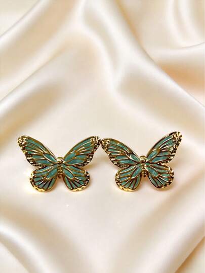 1 Pair Minimalist Fresh Mint Green Butterfly Earrings, Versatile Gold Tone Jewelry For Women, Great Mother's Day Gift For Office, Casual & Family Gathering