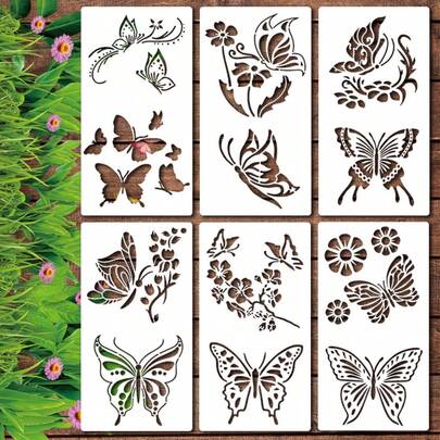 6pcs Reusable PET Hollow Printing Template Set, Featuring Butterfly, Daisy, And Floral Designs, Ideal For Gardening Decor, Interior Design, DIY Crafts, And Hobbies, Promoting Relaxation And Creativity
