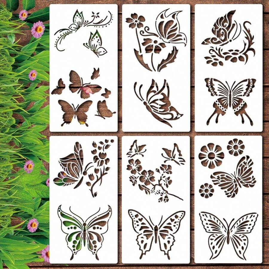 6pcs Reusable PET Hollow Printing Template Set, Featuring Butterfly, Daisy, And Floral Designs, Ideal For Gardening Decor, Interior Design, DIY Crafts, And Hobbies, Promoting Relaxation And Creativity
