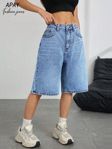 Celana Pendek Bermuda Denim Polos Wanita Kasual Musim Panas - Light Wash - View 5
