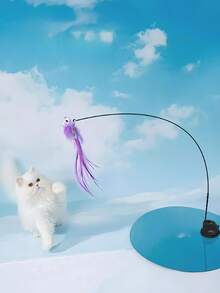 互动逗猫棒玩具，带羽毛棒和铃铛，钢制长杆带吸盘底座，猫咪自娱自乐，猫玩具 | 趣味猫玩具 | 耐用猫玩具，合成纤维羽毛逗猫棒，猫咪用品 - 紫色 - 查看 3
