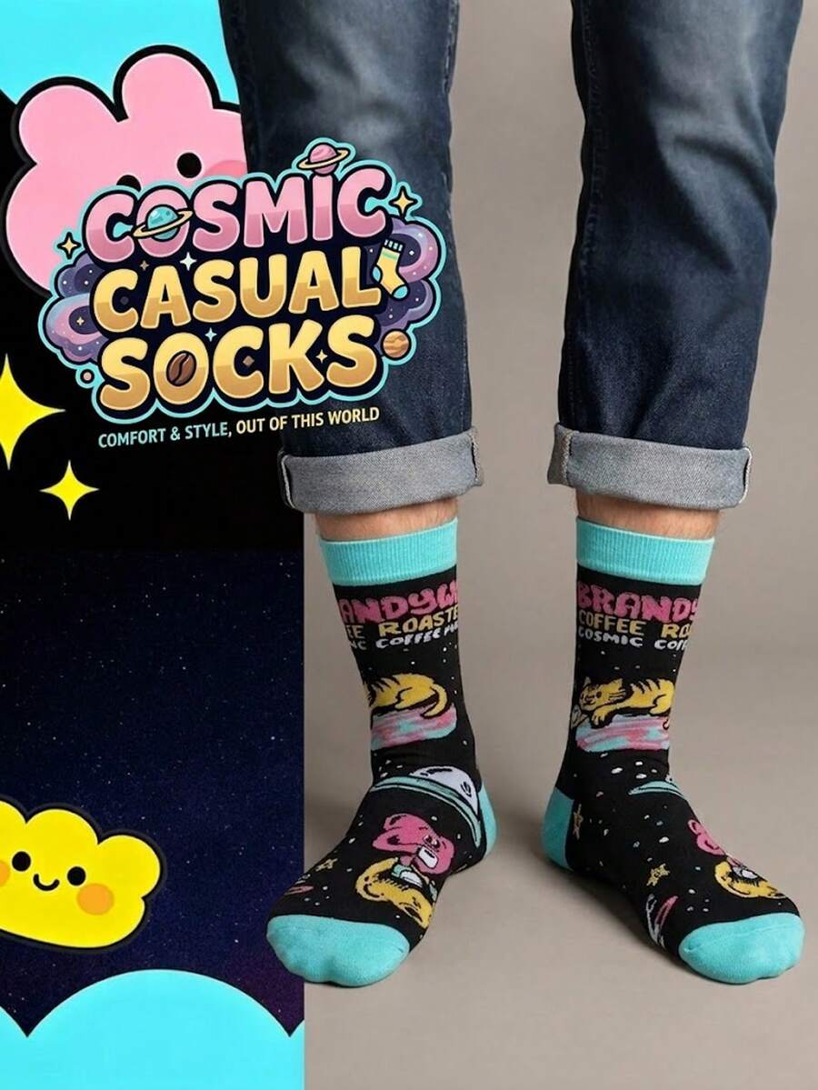 1 Pair Of Men's Mid Length Socks Cartoon Letter Creative Design Suitable For Both Men And Women Spring And Autumn Period Fashion Personalized - Multicolor - View 1