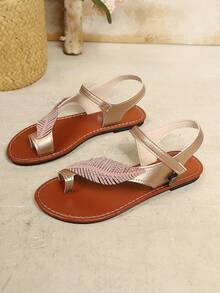 Damen Blatt Dekor Strass Flache Sandalen, modisch, elegant, bequem, vielseitig, geeignet für tägliche Spaziergänge und Hausmode - Gold - Übersicht 6