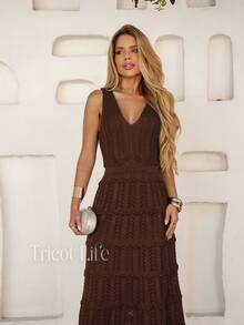 Women's Midi Dress, Knit, Summer, Crochet, Ruffles, Party, Beach, Elegant, Christmas, New Year's Eve, Premium - 咖啡棕色 - 查看 4